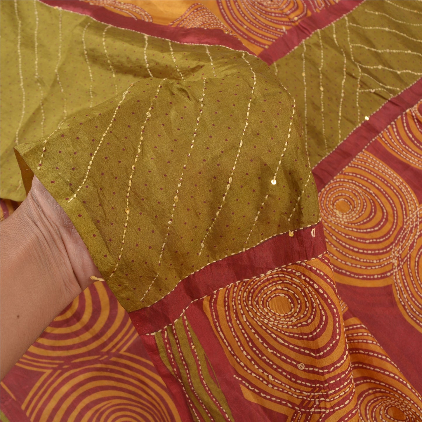 Sanskriti Vintage Heavy Red Sarees Pure Silk Hand Beaded Kantha Sari Sustainable Fabric