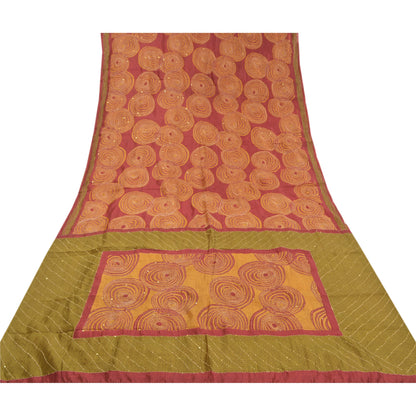 Sanskriti Vintage Heavy Red Sarees Pure Silk Hand Beaded Kantha Sari Sustainable Fabric