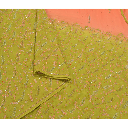 Sanskriti Vintage Green Heavy Sarees Pure Georgette Silk Hand Beaded Sari Sustainable Fabric