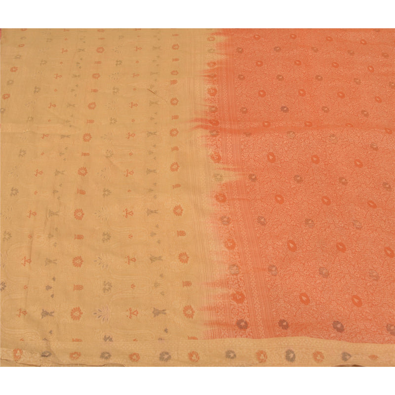 Sanskriti Vintage Saree 100% Pure Silk Orange & Cream Indian Wedding Saree Floral Woven 5+Yard Remnant Fabric Craft Supplies For Upcycler