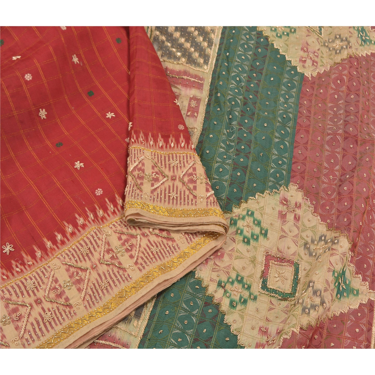 Sanskriti Vintage Red Indian Heavy Sarees Pure Silk Hand Beaded Sari Sustainable Fabric