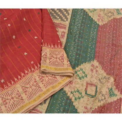 Sanskriti Vintage Red Indian Heavy Sarees Pure Silk Hand Beaded Sari Sustainable Fabric