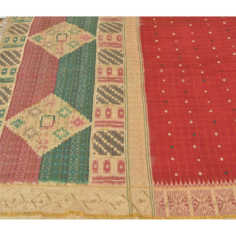 Sanskriti Vintage Røde Indiske Tunge Sarier Ren Silke Håndperlet Sari Bæredygtigt Stof