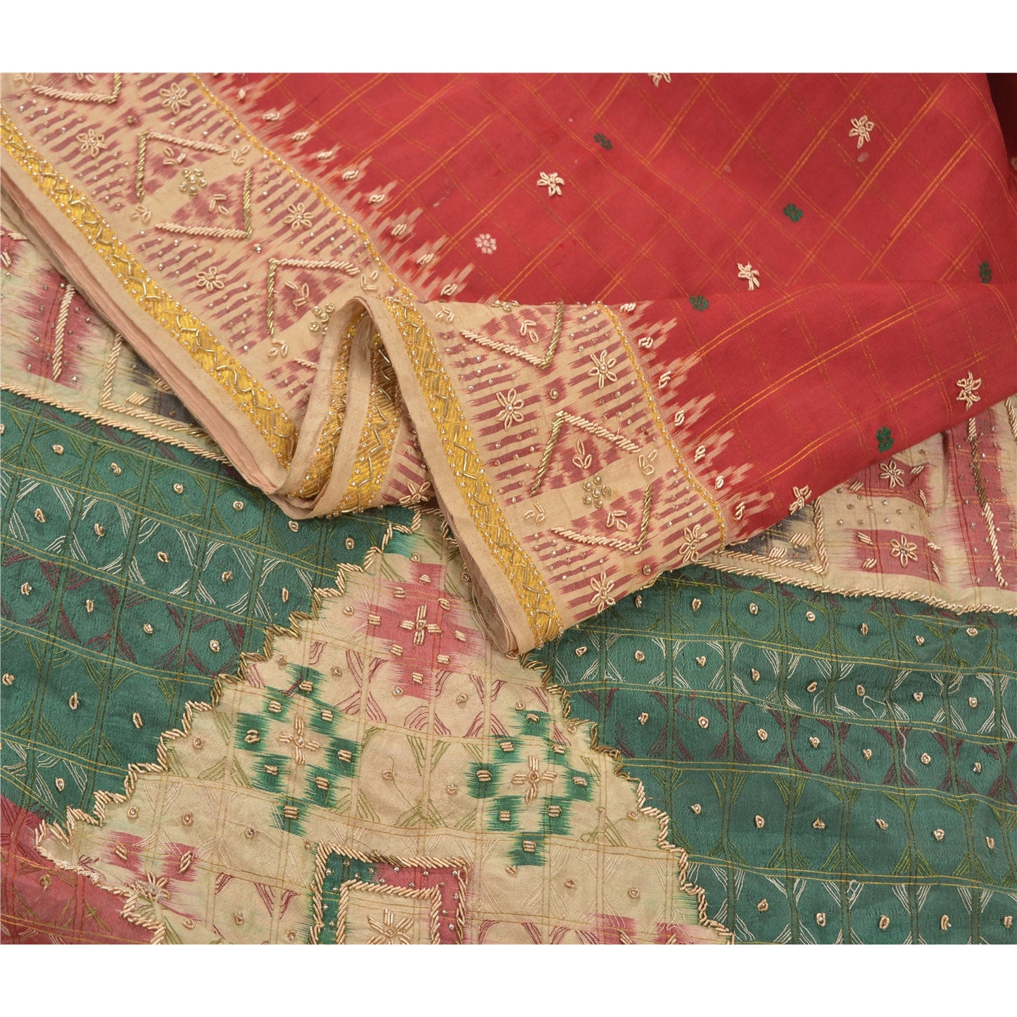 Sanskriti Vintage Red Indian Heavy Sarees Pure Silk Hand Beaded Sari Sustainable Fabric