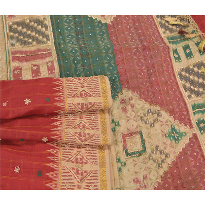 Sanskriti Vintage Red Indian Heavy Sarees Pure Silk Hand Beaded Sari Sustainable Fabric