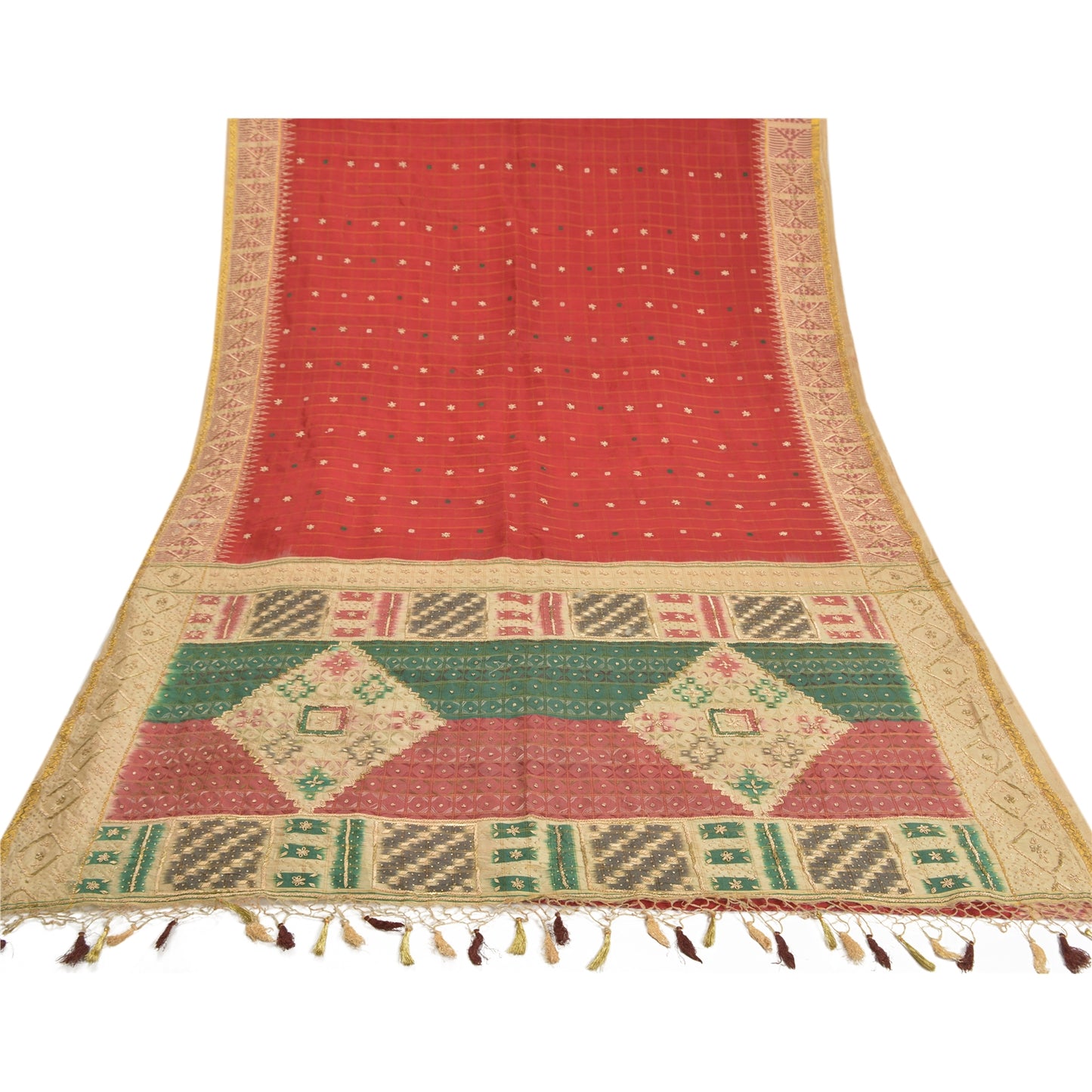 Sanskriti Vintage Red Indian Heavy Sarees Pure Silk Hand Beaded Sari Sustainable Fabric