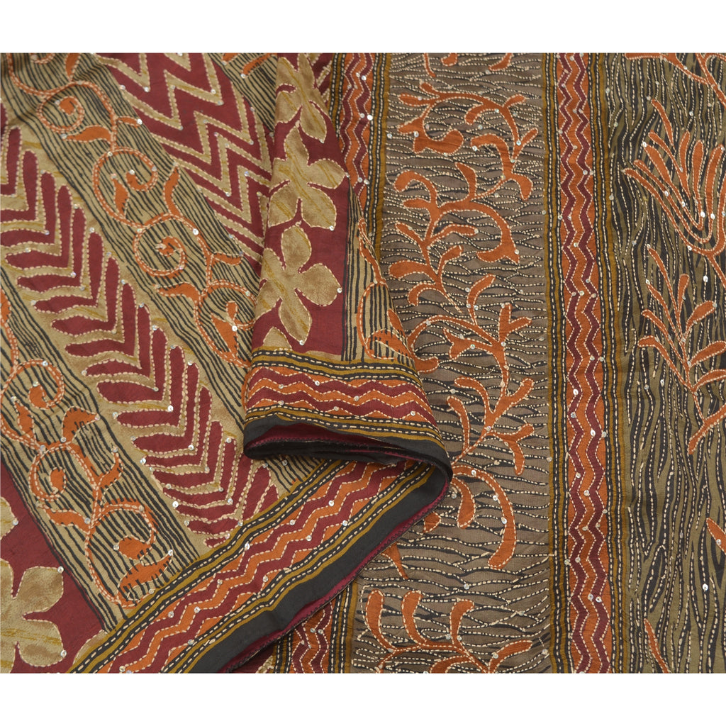 Sanskriti Vintage Brown Heavy Saree Pure Silk Hand Beaded Kantha Sari Sustainable Fabric