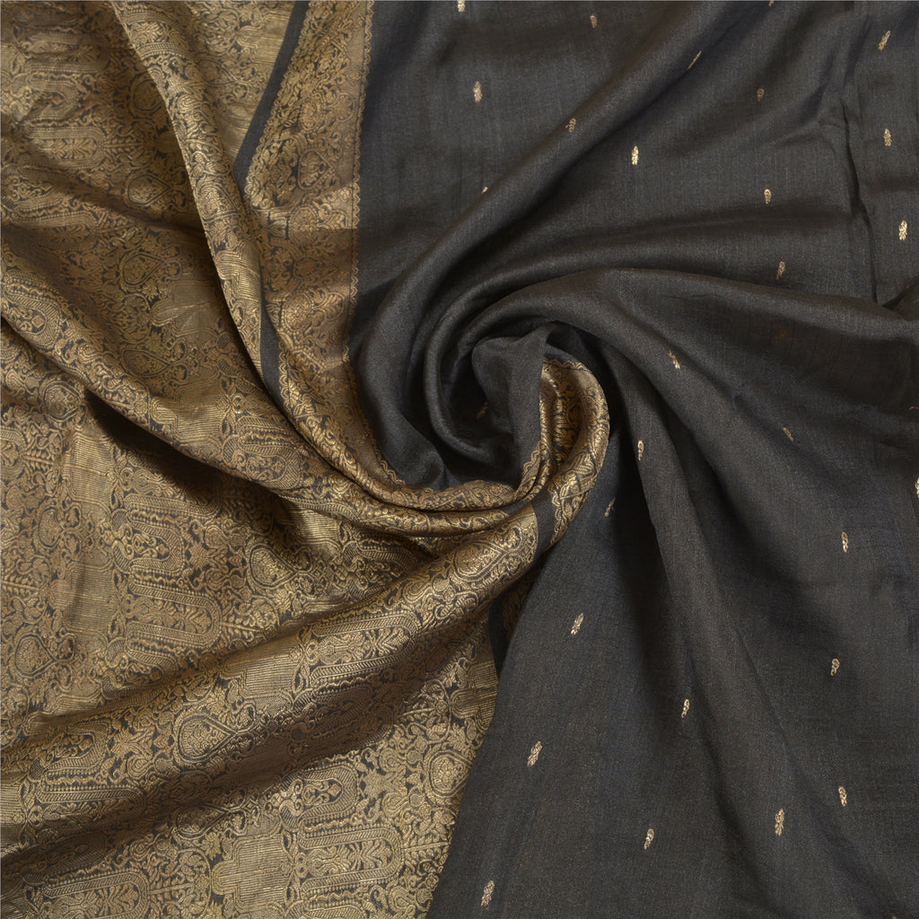 Sanskriti Vintage Black Heavy Indian Sarees Pure Silk Woven Brocade Sari Sustainable Fabric
