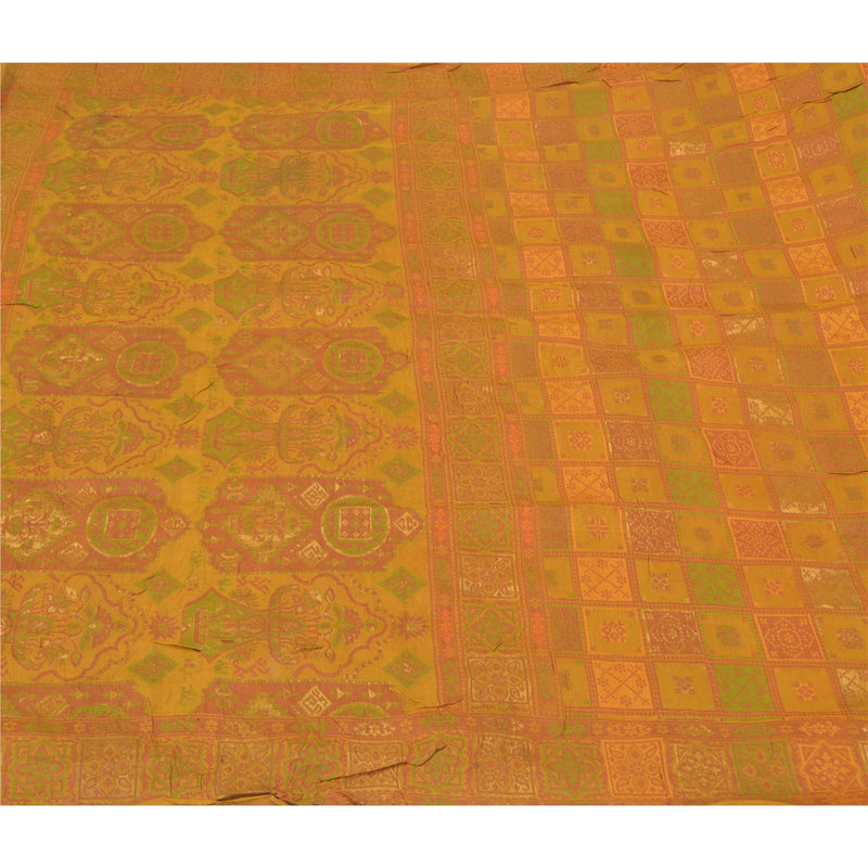 Sanskriti Vintage Sarees Mustard Yellow 100% Pure Silk Saree Fabric: Zari Woven Thread Woven Floral Paisley, 5yd- Upcycled Sarongs, Scarve