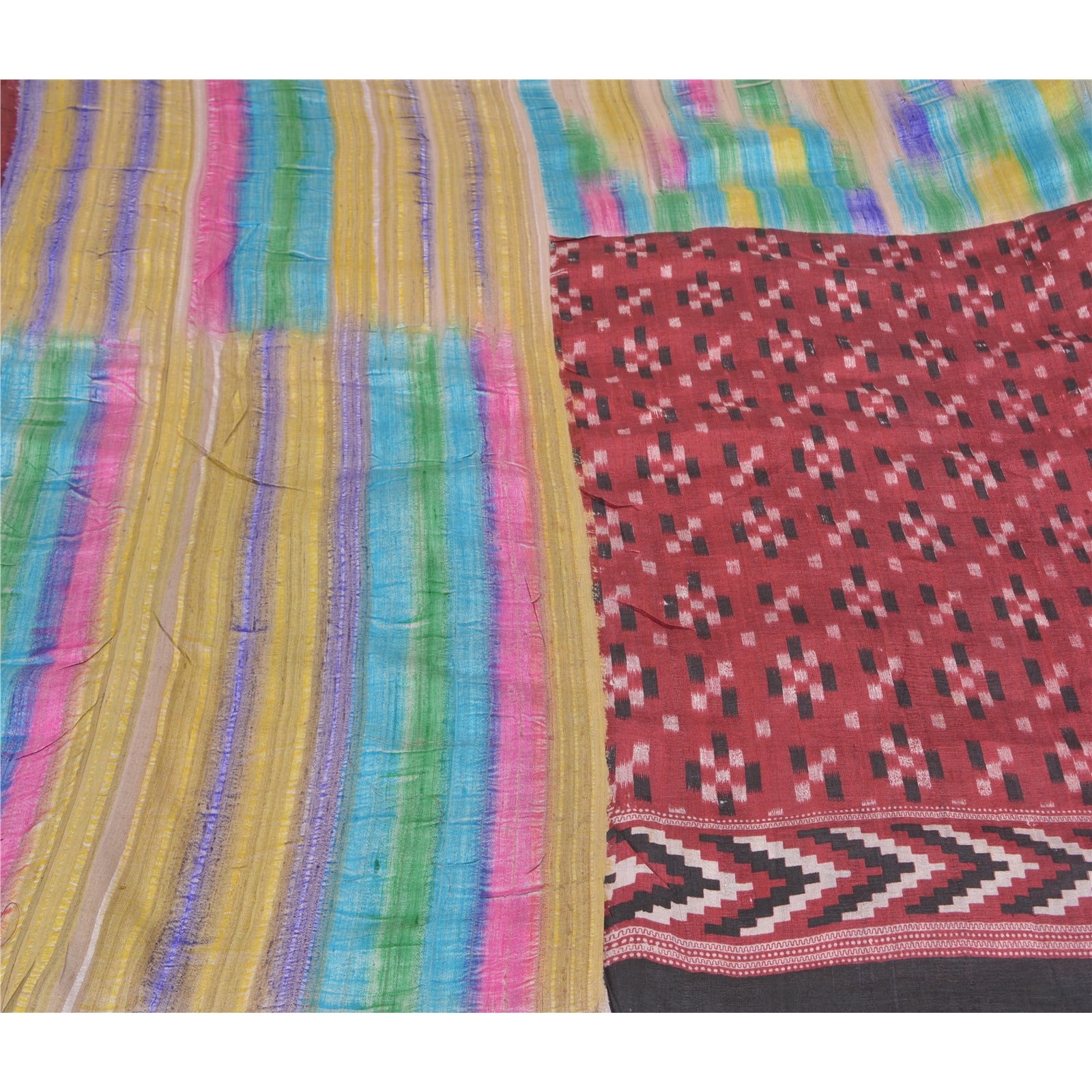 Sanskriti Vintage Heavy Indian Sarees Pure Tussar Silk Woven Ikat Sarees Sustainable Fabric