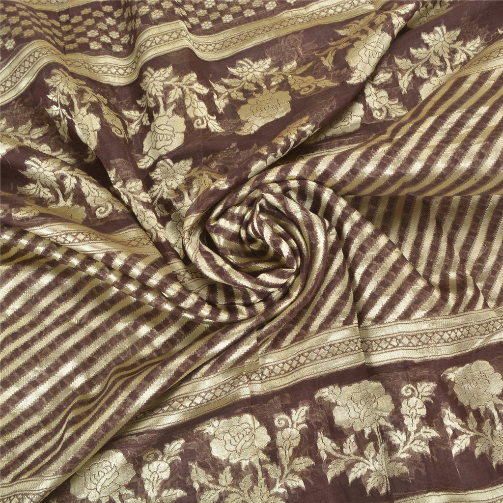 Sanskriti Vintage Brown Heavy Indian Sarees 100% Pure Silk Woven Sari Sustainable Fabric