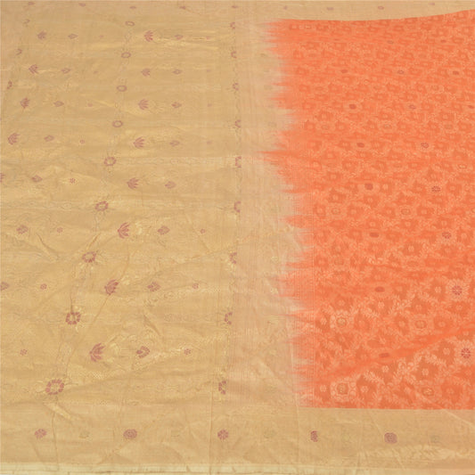 Sanskriti Vintage Peach Heavy Indian Sarees Pure Silk Hand-Woven Sari Sustainable Fabric