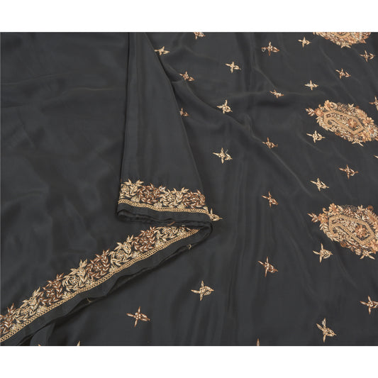 Sanskriti Vintage Black Heavy Indian Sarees Crepe Hand Embroidered Sari Sustainable Fabric