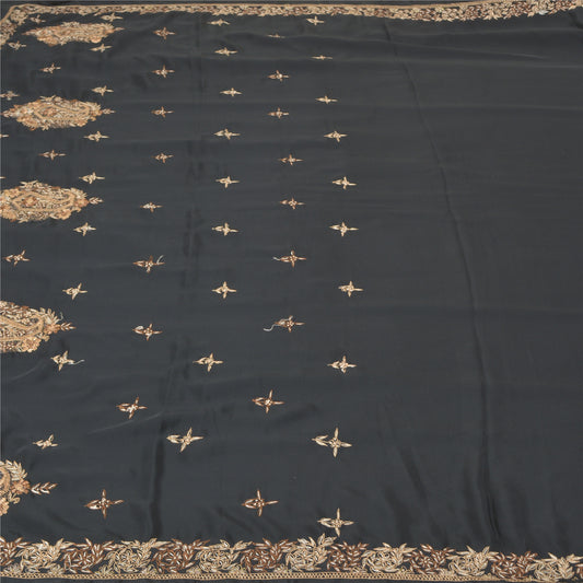 Sanskriti Vintage Black Heavy Indian Sarees Crepe Hand Embroidered Sari Sustainable Fabric