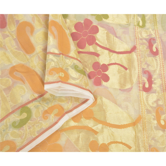 Sanskriti Vintage Ivory Indian Heavy Sarees Organza Woven Party Sari Sustainable Fabric