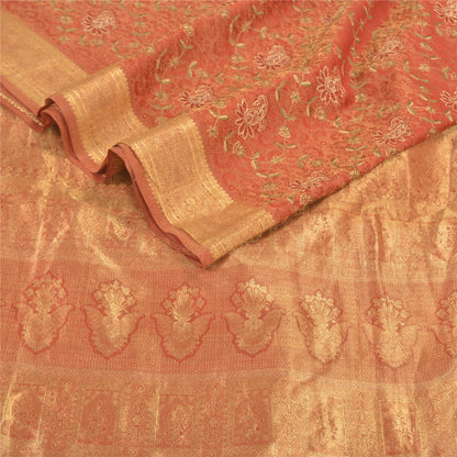 Sanskriti Vintage Red Heavy Sarees Pure Silk Brocade Embroidered Sari Sustainable Fabric