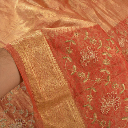 Sanskriti Vintage Red Heavy Sarees Pure Silk Brocade Embroidered Sari Sustainable Fabric