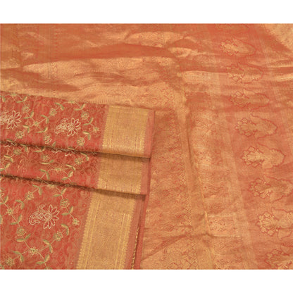 Sanskriti Vintage Red Heavy Sarees Pure Silk Brocade Embroidered Sari Sustainable Fabric