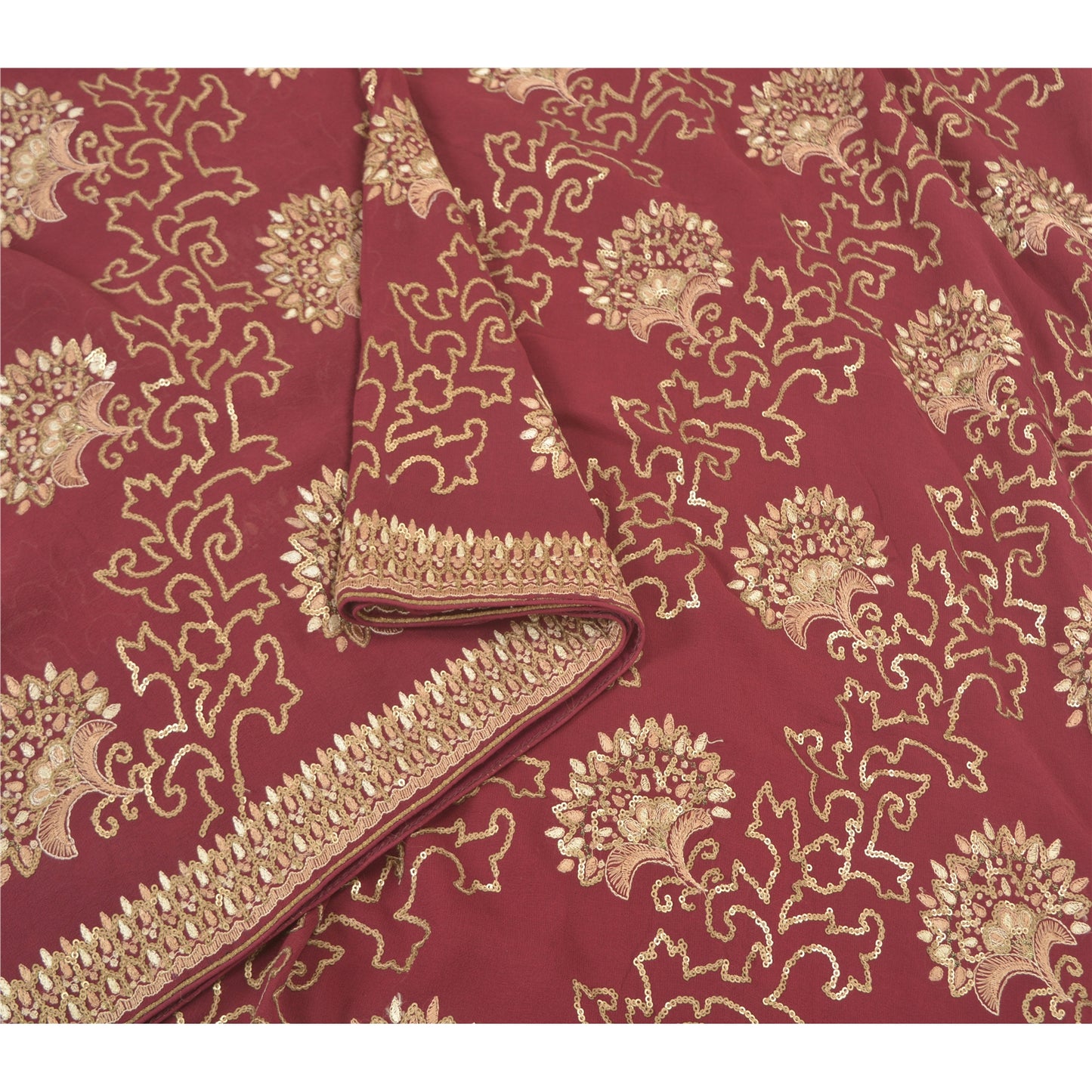 Sanskriti Vintage Wine Heavy Sarees Pure Georgette Silk Hand Beaded Sari Sustainable Fabric