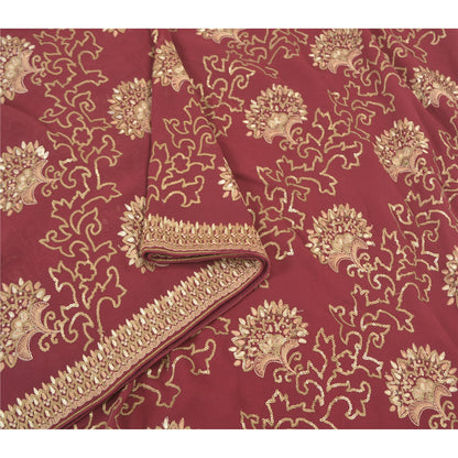 Sanskriti Vintage Wine Heavy Sarees Pure Georgette Silk Hand Beaded Sari Sustainable Fabric
