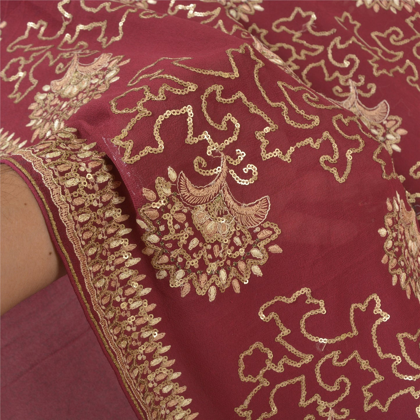 Sanskriti Vintage Wine Heavy Sarees Pure Georgette Silk Hand Beaded Sari Sustainable Fabric