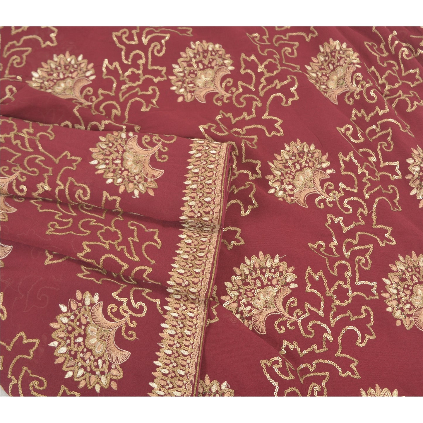 Sanskriti Vintage Wine Heavy Sarees Pure Georgette Silk Hand Beaded Sari Sustainable Fabric