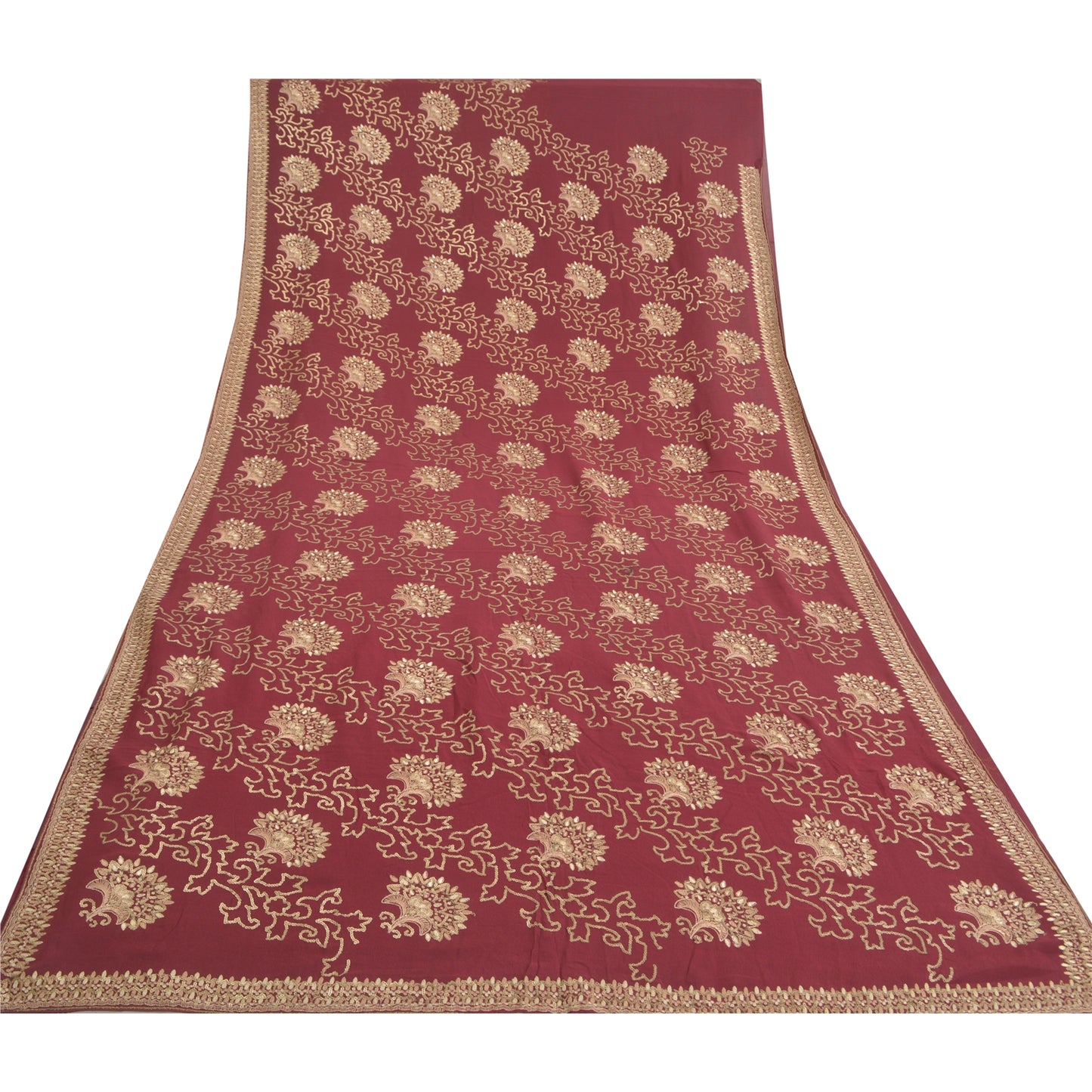 Sanskriti Vintage Wine Heavy Sarees Pure Georgette Silk Hand Beaded Sari Sustainable Fabric