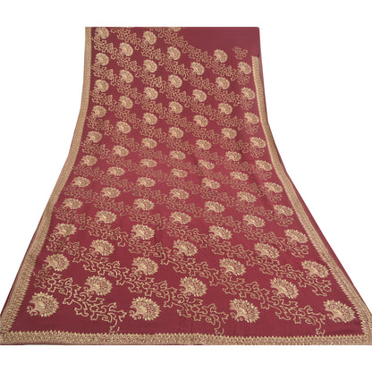 Sanskriti Vintage Wine Heavy Sarees Pure Georgette Silk Hand Beaded Sari Sustainable Fabric
