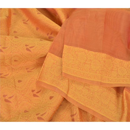 Sanskriti Vintage Orange Heavy Indian Sarees Pure Organza Silk Woven Sari Sustainable Fabric