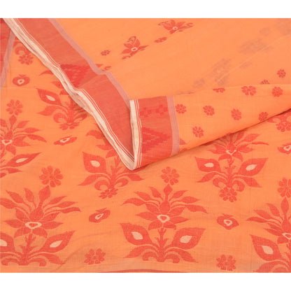 Sanskriti Vintage ferskenfarvet tung indisk sari i ren bomuld, håndvævet sari i bæredygtigt stof