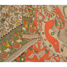 Load image into Gallery viewer, Sanskriti Vintage Ivory Heavy Sarees Pure Cotton Kalamkari Peacock Sari Fabric
