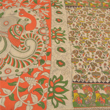 Load image into Gallery viewer, Sanskriti Vintage Ivory Heavy Sarees Pure Cotton Kalamkari Peacock Sari Fabric
