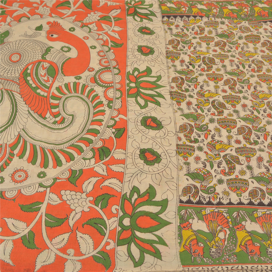 Sanskriti Vintage Ivory Heavy Sarees Pure Cotton Kalamkari Peacock Sari Fabric