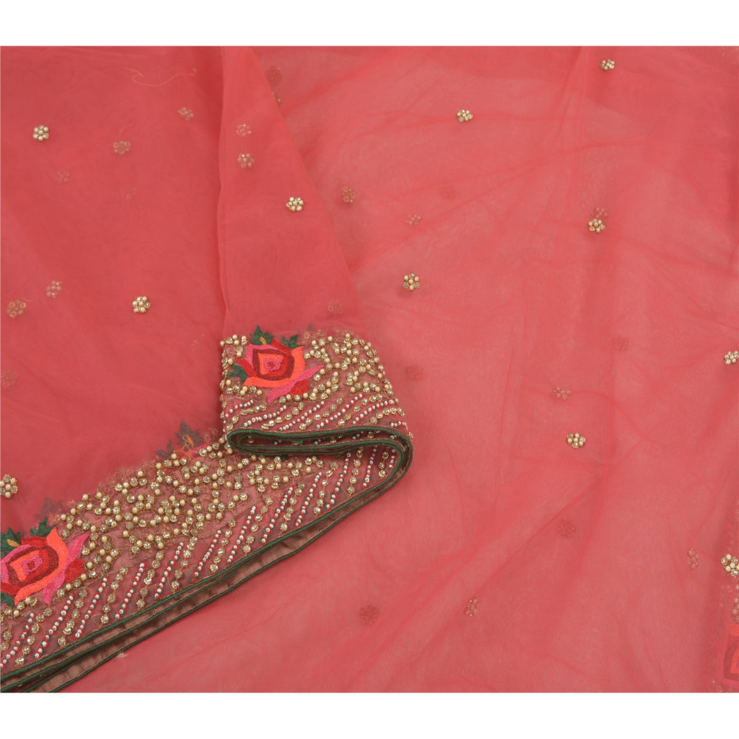 Sanskriti Vintage Coral Heavy Sarees Net Mesh Hand Beaded Party Sari Fabric