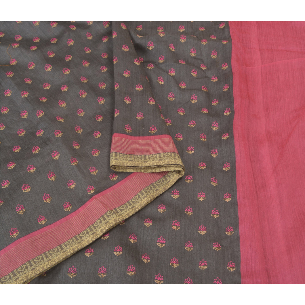 Sanskriti Vintage Greyish Black Heavy Sarees Pure Silk Embroidered Sari Fabric