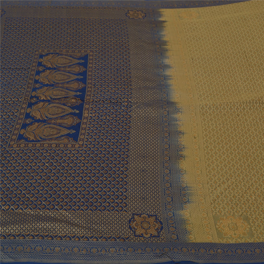 Sanskriti Vintage Blue Heavy Sarees Pure Silk Hand-Woven Tanchoi Sari Sustainable Fabric