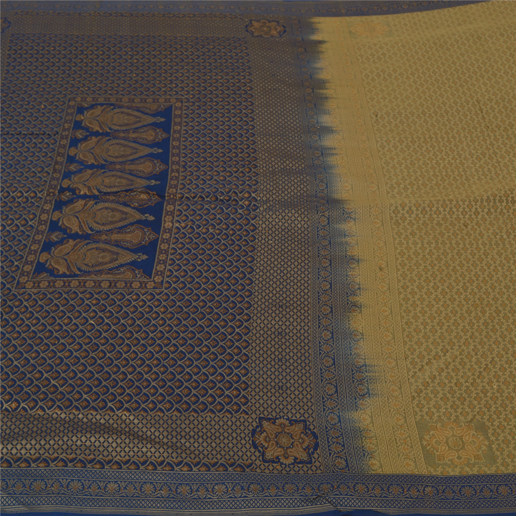 Sanskriti Vintage Blue Heavy Sarees Pure Silk Hand-Woven Tanchoi Sari Fabric