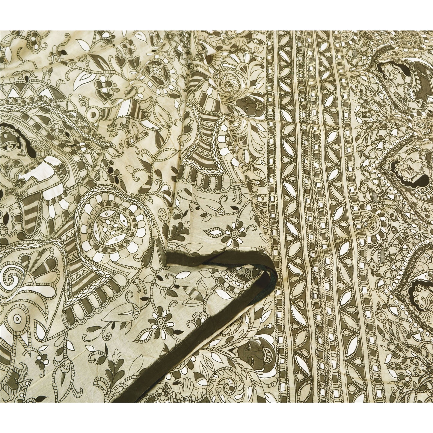 Sanskriti Vintage Hvide Tunge Sarier Ren Bomuld Madhubani Trykt Sari Bæredygtigt Stoff