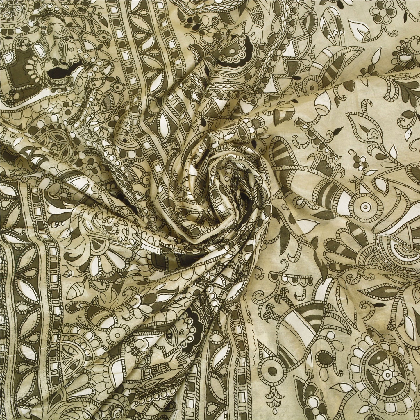 Sanskriti Vintage Hvide Tunge Sarier Ren Bomuld Madhubani Trykt Sari Bæredygtigt Stoff