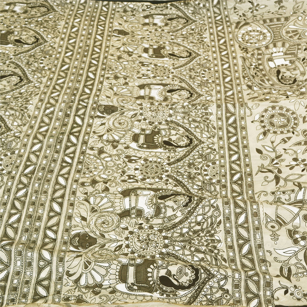 Sanskriti Vintage Hvide Tunge Sarier Ren Bomuld Madhubani Trykt Sari Bæredygtigt Stoff