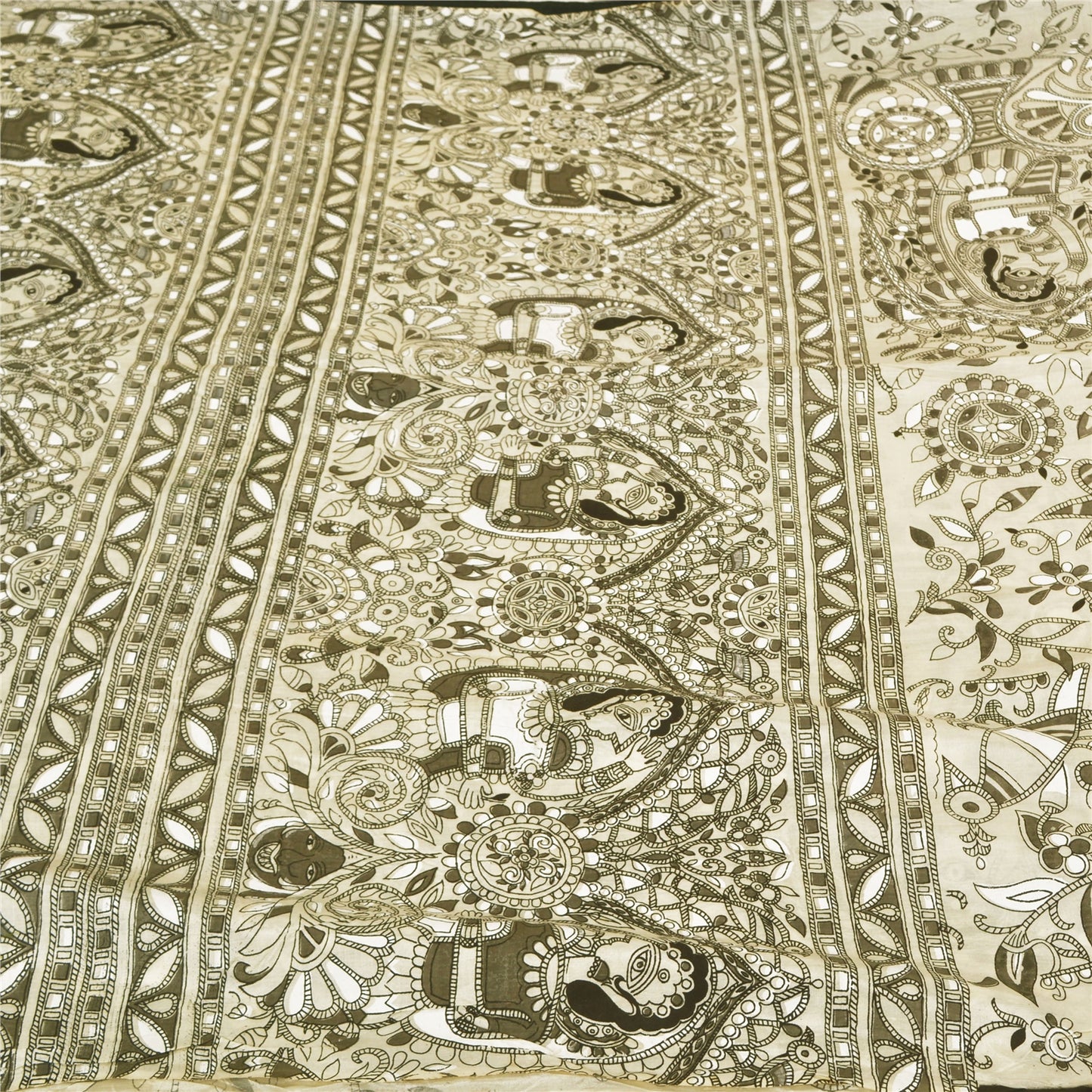 Sanskriti Vintage Hvide Tunge Sarier Ren Bomuld Madhubani Trykt Sari Bæredygtigt Stoff