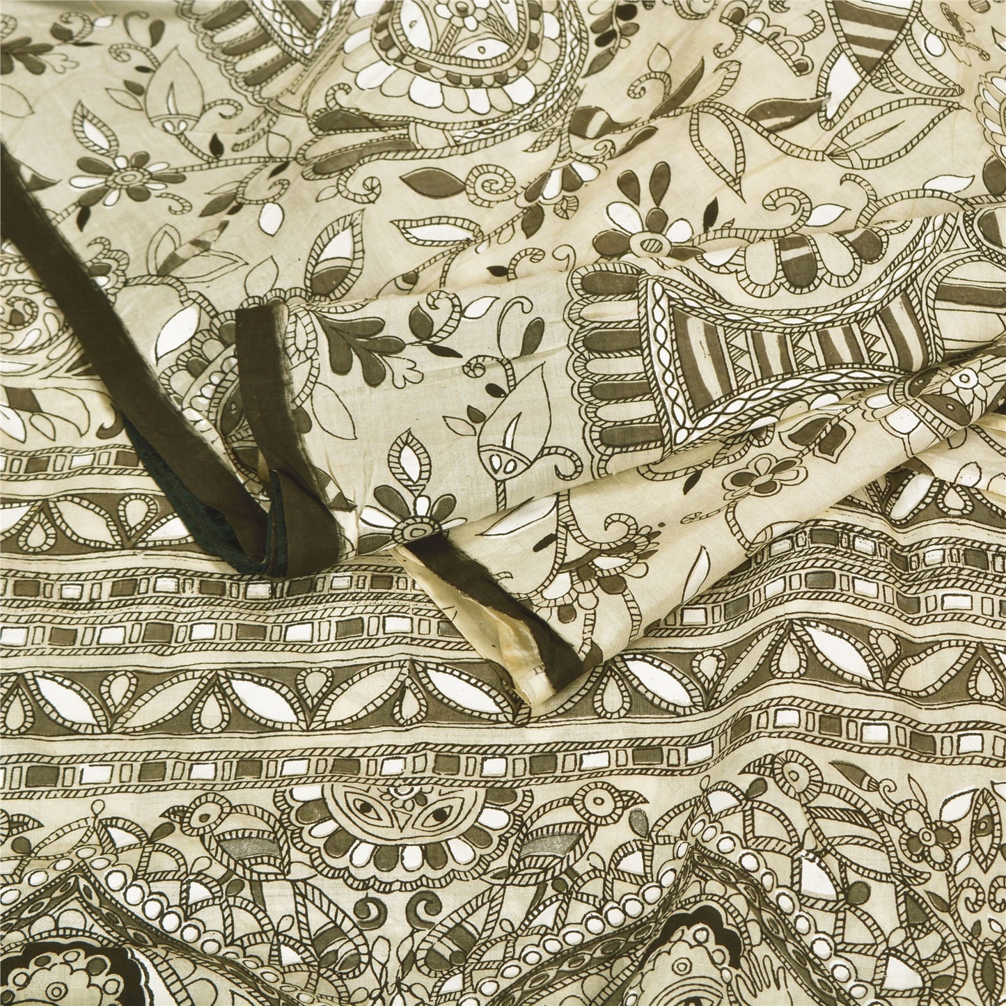 Sanskriti Vintage Hvide Tunge Sarier Ren Bomuld Madhubani Trykt Sari Bæredygtigt Stoff