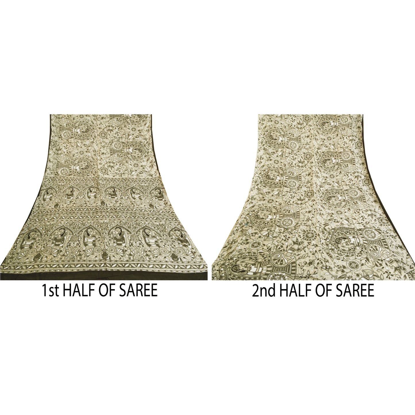 Sanskriti Vintage Hvide Tunge Sarier Ren Bomuld Madhubani Trykt Sari Bæredygtigt Stoff