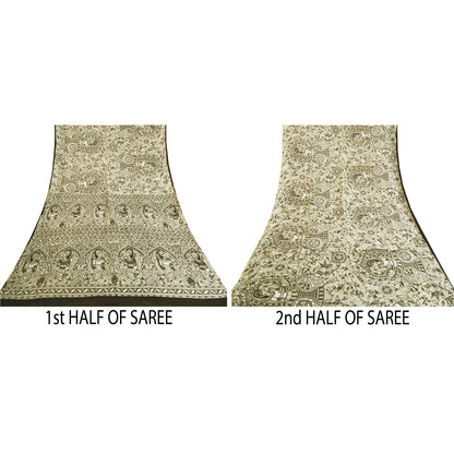 Sanskriti Vintage Hvide Tunge Sarier Ren Bomuld Madhubani Trykt Sari Bæredygtigt Stoff