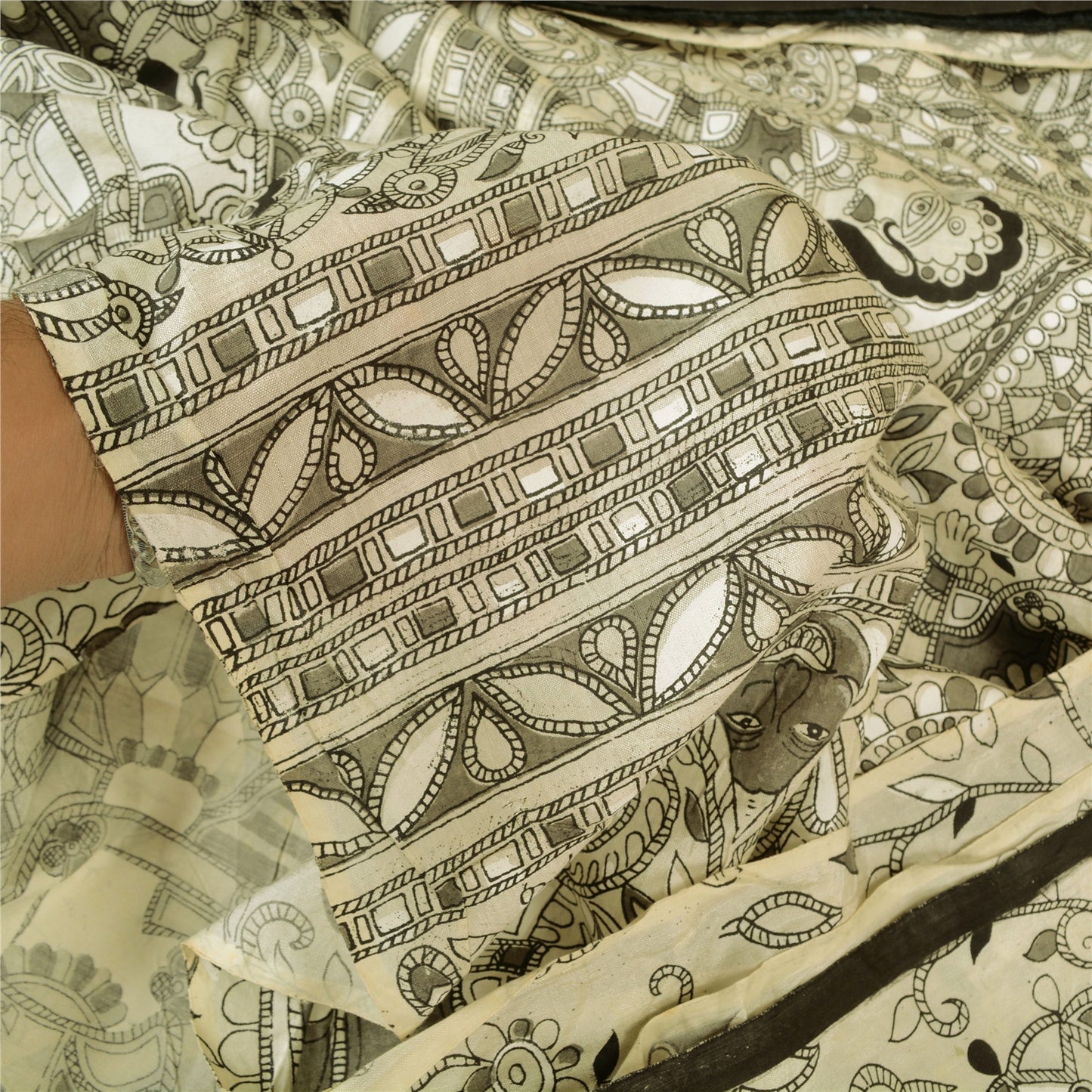 Sanskriti Vintage Hvide Tunge Sarier Ren Bomuld Madhubani Trykt Sari Bæredygtigt Stoff