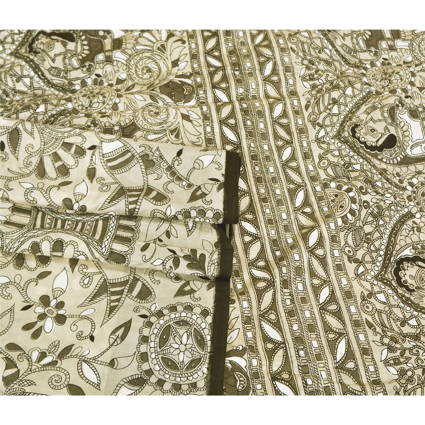 Sanskriti Vintage Hvide Tunge Sarier Ren Bomuld Madhubani Trykt Sari Bæredygtigt Stoff