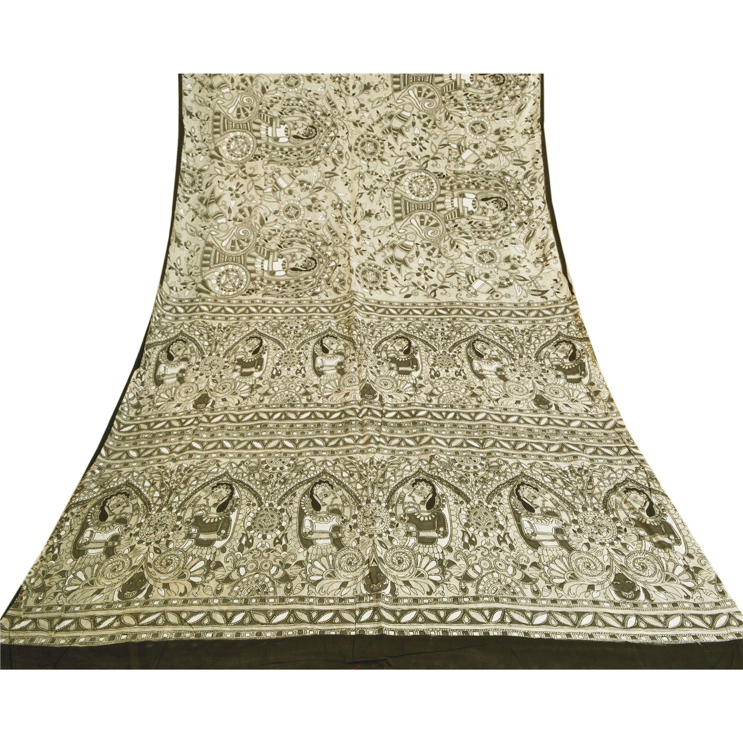 Sanskriti Vintage Hvide Tunge Sarier Ren Bomuld Madhubani Trykt Sari Bæredygtigt Stoff