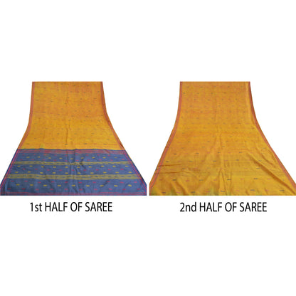 Sanskriti Vintage Safran Tunge Indiske Sarier Ren Silke Håndvævet Sari Bæredygtigt Stof