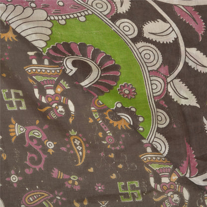 Sanskriti Vintage Brown Heavy Sarees Pure Cotton Kalamkari Peacock Sari Sustainable Fabric