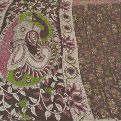 Sanskriti Vintage Brown Heavy Sarees Pure Cotton Kalamkari Peacock Sari Sustainable Fabric